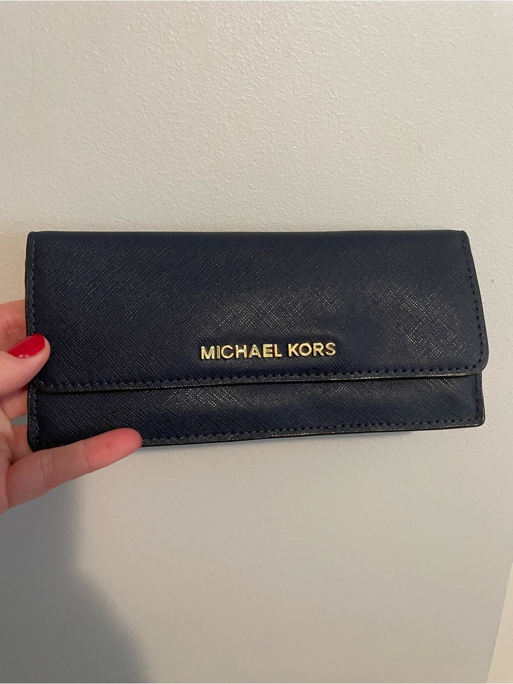 Michael Kors Navy Leather Continental Card Holder with Gold Logo